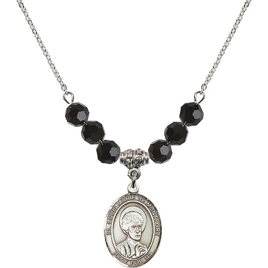 Sterling Silver Saint Louis Marie de Montfort Birthstone Necklace with Jet Beads - 8330