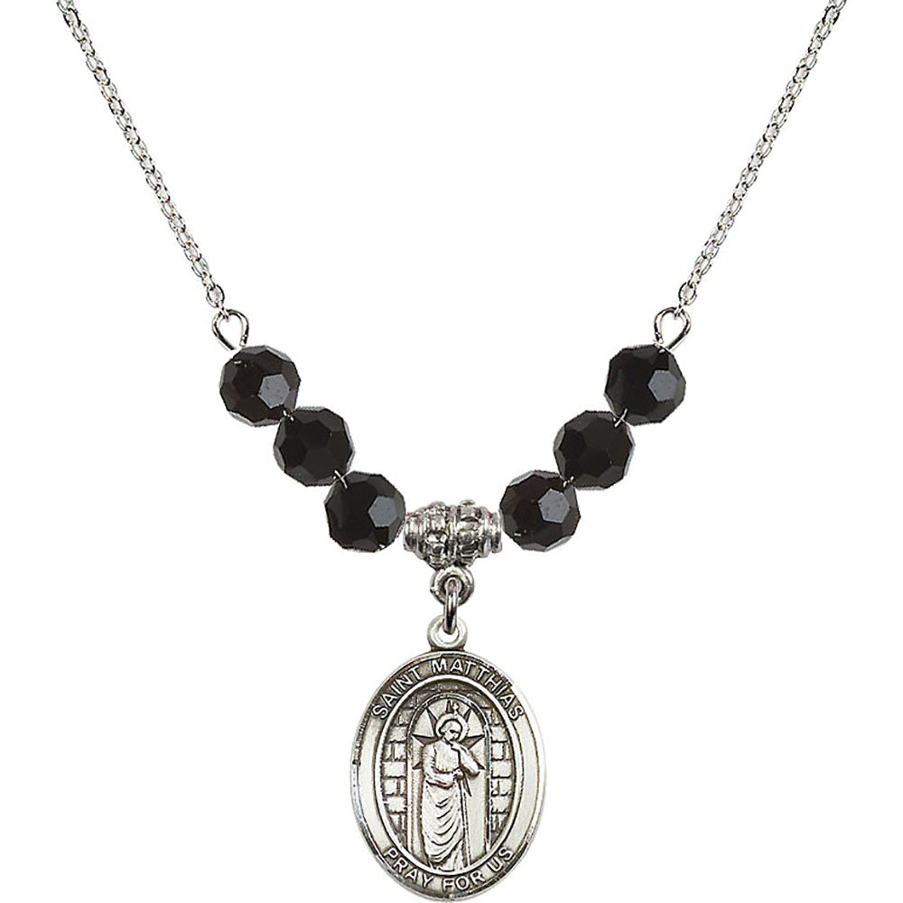 Sterling Silver Saint Matthias the Apostle Birthstone Necklace with Jet Beads - 8331