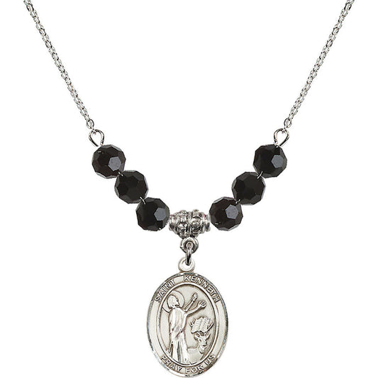 Sterling Silver Saint Kenneth Birthstone Necklace with Jet Beads - 8332