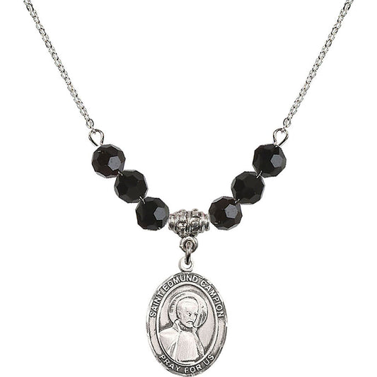 Sterling Silver Saint Edmund Campion Birthstone Necklace with Jet Beads - 8333