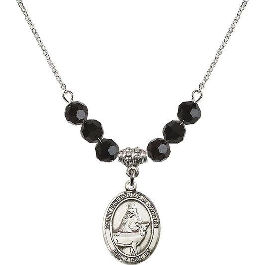 Sterling Silver Saint Catherine of Sweden Birthstone Necklace with Jet Beads - 8336