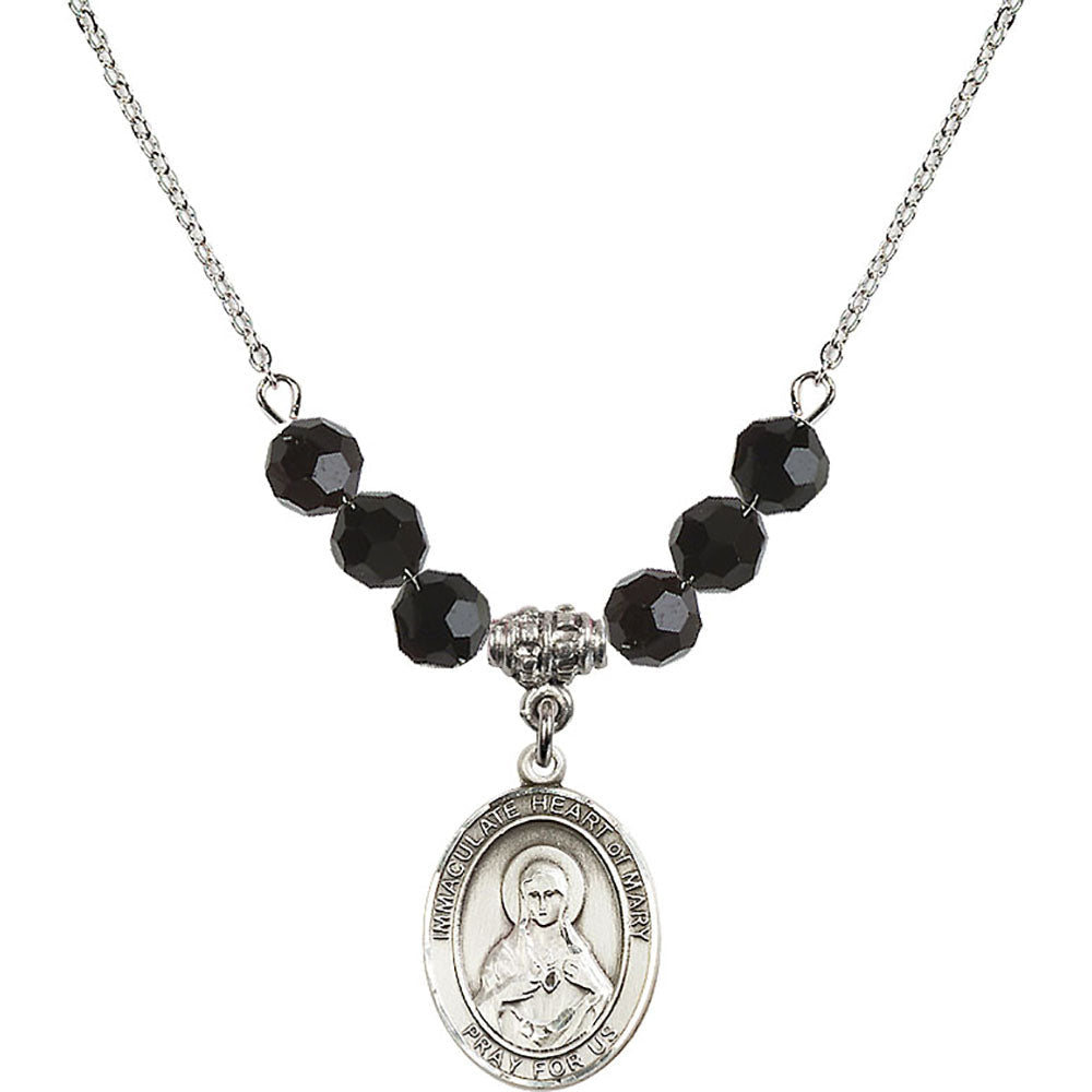 Sterling Silver Immaculate Heart of Mary Birthstone Necklace with Jet Beads - 8337