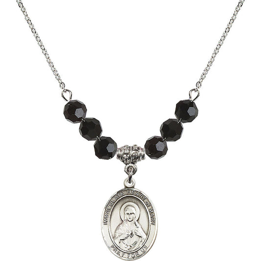 Sterling Silver Immaculate Heart of Mary Birthstone Necklace with Jet Beads - 8337