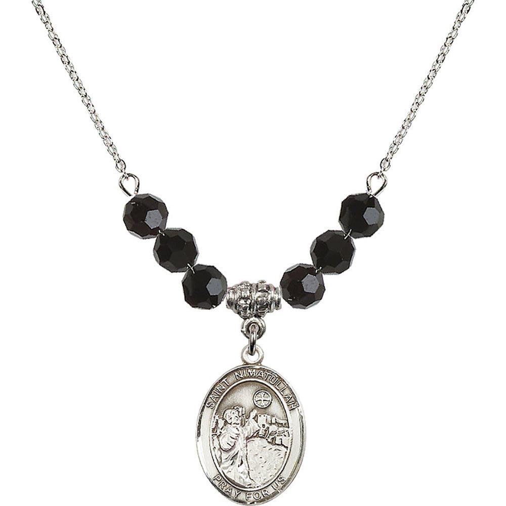 Sterling Silver Saint Nimatullah Birthstone Necklace with Jet Beads - 8339