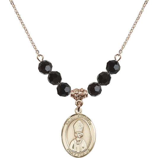 14kt Gold Filled Saint Anselm of Canterbury Birthstone Necklace with Jet Beads - 8342