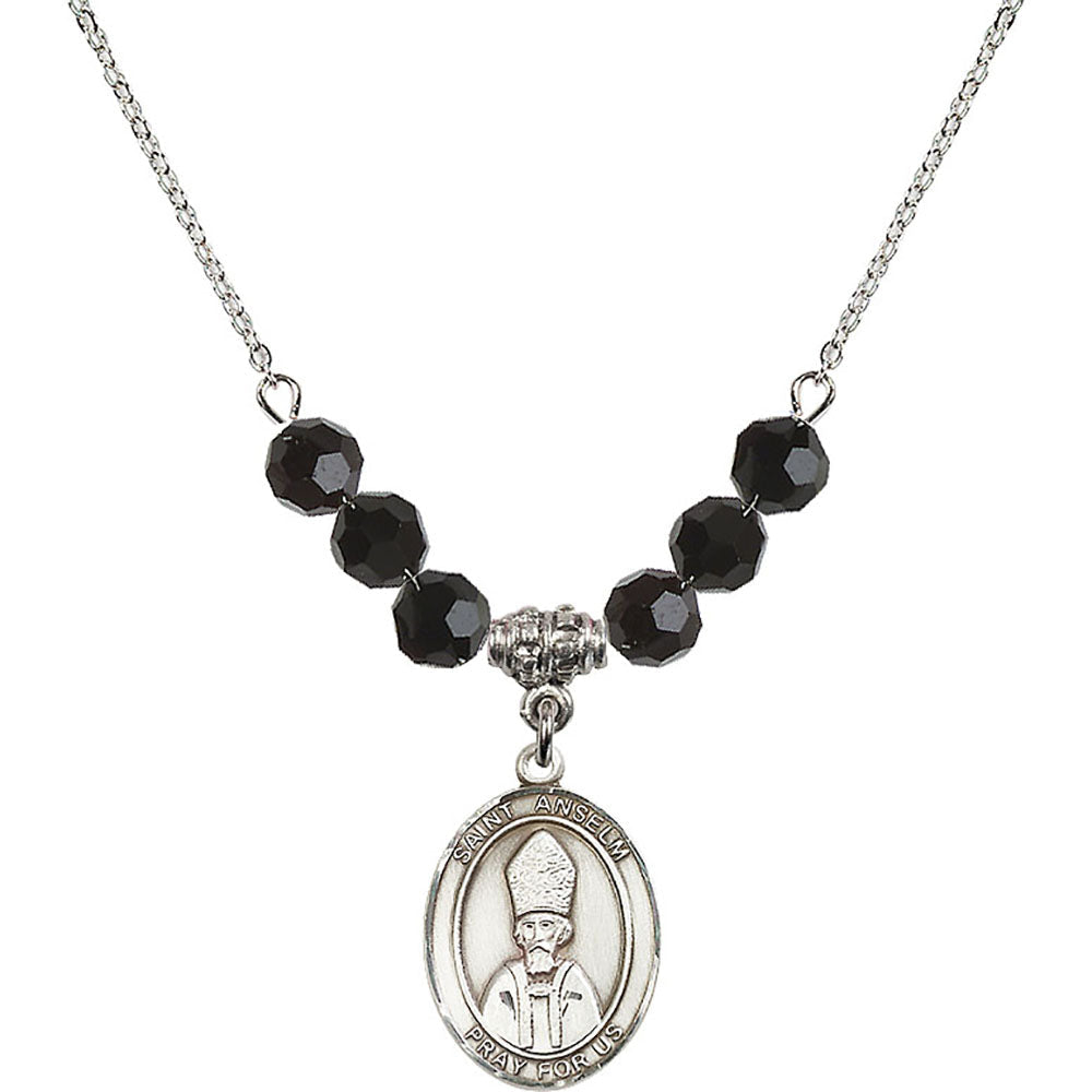 Sterling Silver Saint Anselm of Canterbury Birthstone Necklace with Jet Beads - 8342