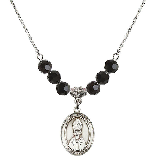 Sterling Silver Saint Anselm of Canterbury Birthstone Necklace with Jet Beads - 8342