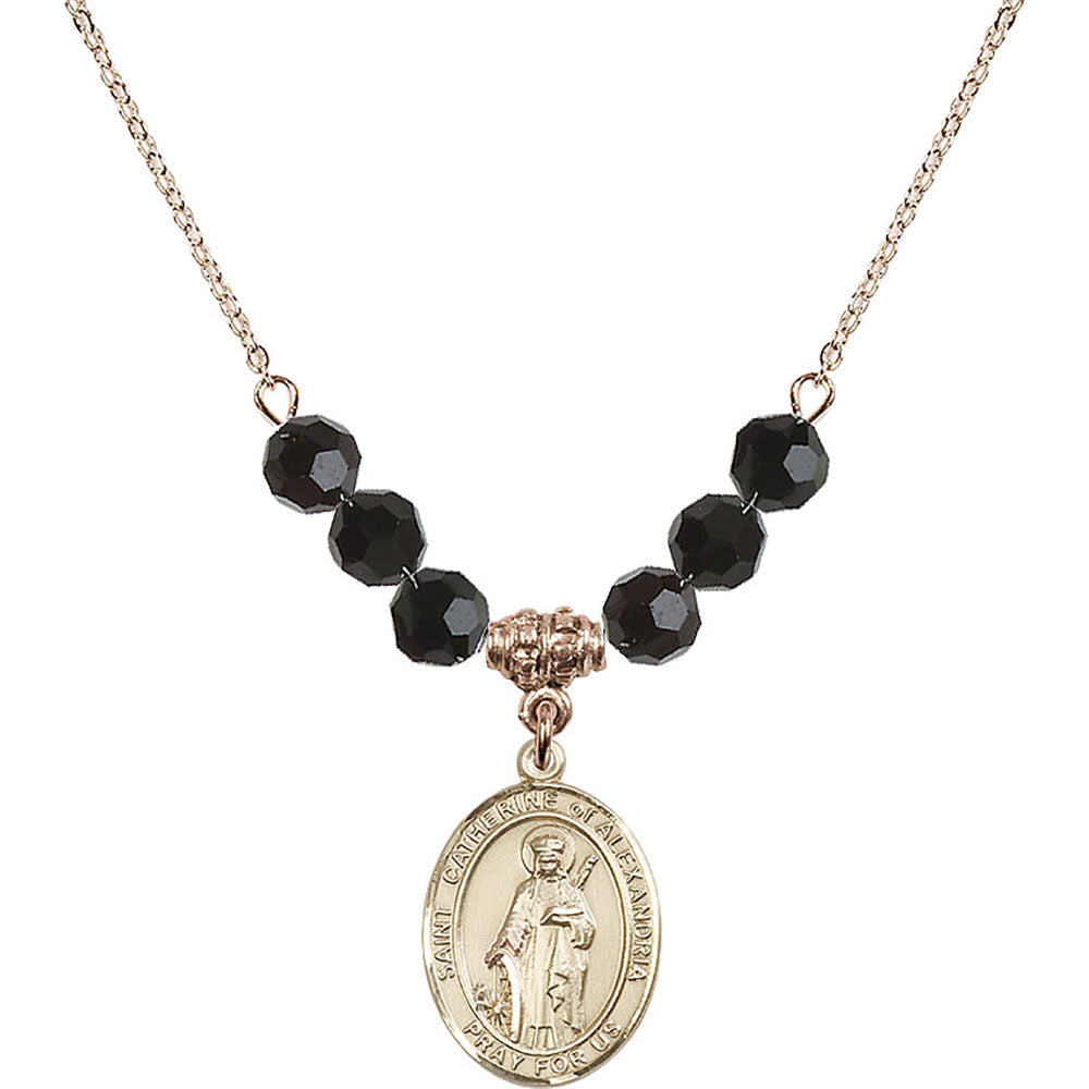 14kt Gold Filled Saint Catherine of Alexandria Birthstone Necklace with Jet Beads - 8343