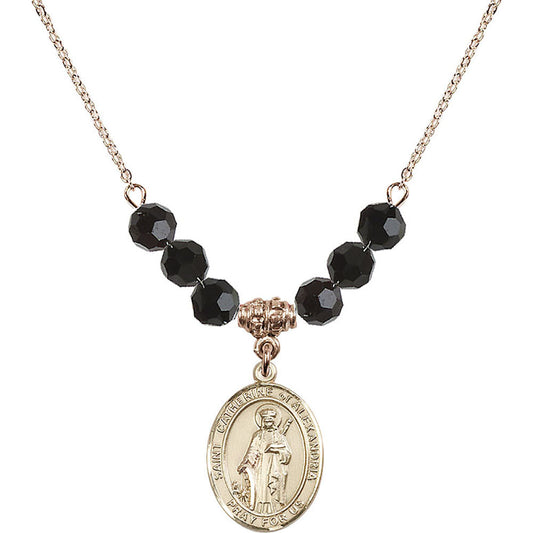 14kt Gold Filled Saint Catherine of Alexandria Birthstone Necklace with Jet Beads - 8343