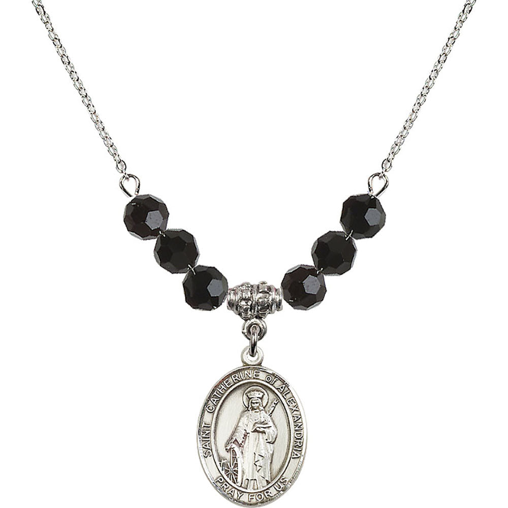 Sterling Silver Saint Catherine of Alexandria Birthstone Necklace with Jet Beads - 8343