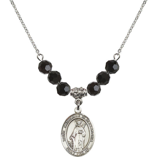Sterling Silver Saint Catherine of Alexandria Birthstone Necklace with Jet Beads - 8343
