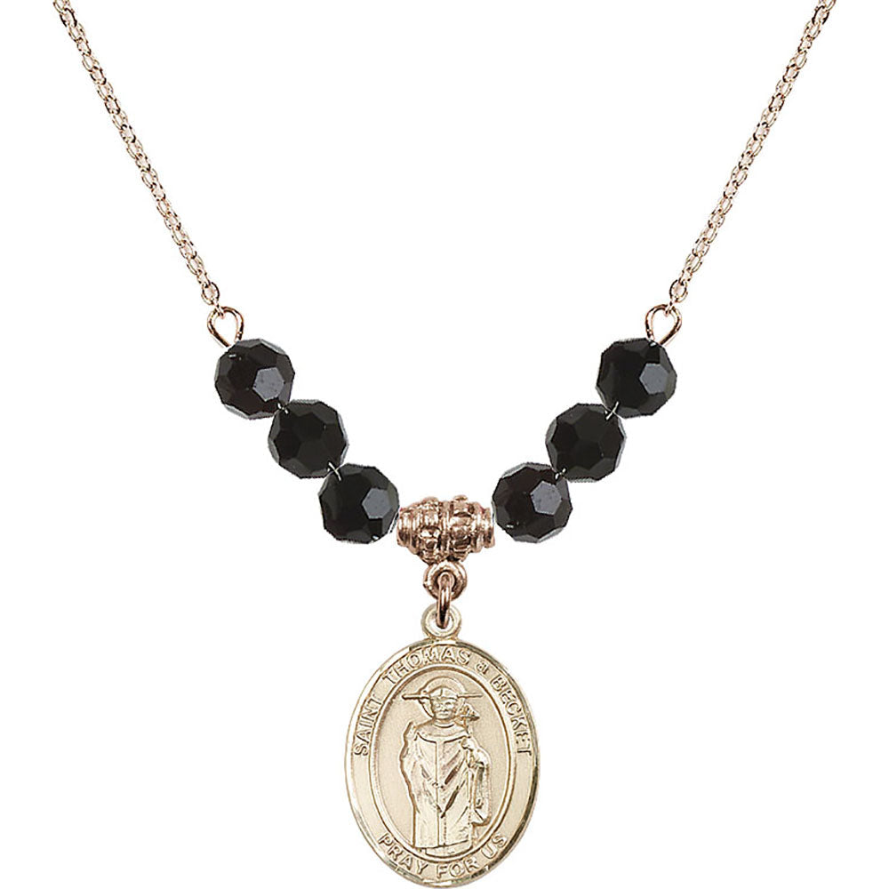 14kt Gold Filled Saint Thomas A Becket Birthstone Necklace with Jet Beads - 8344