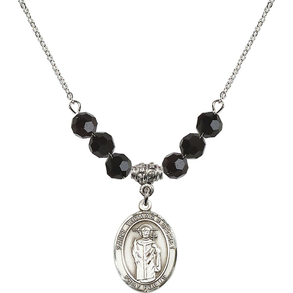 Sterling Silver Saint Thomas A Becket Birthstone Necklace with Jet Beads - 8344