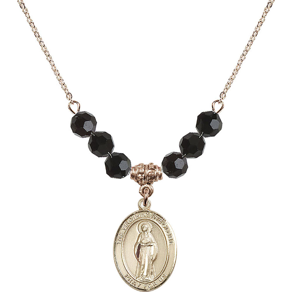 14kt Gold Filled Virgin of the Globe Birthstone Necklace with Jet Beads - 8345
