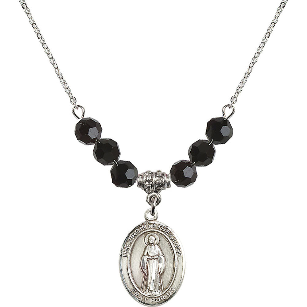 Sterling Silver Virgin of the Globe Birthstone Necklace with Jet Beads - 8345