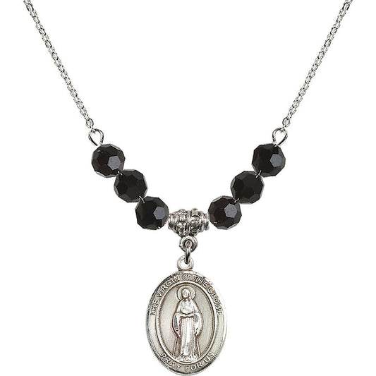 Sterling Silver Virgin of the Globe Birthstone Necklace with Jet Beads - 8345