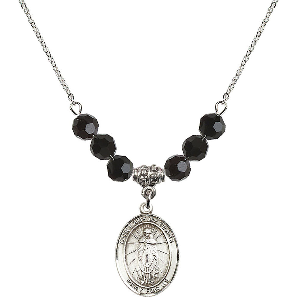 Sterling Silver Our Lady of Tears Birthstone Necklace with Jet Beads - 8346