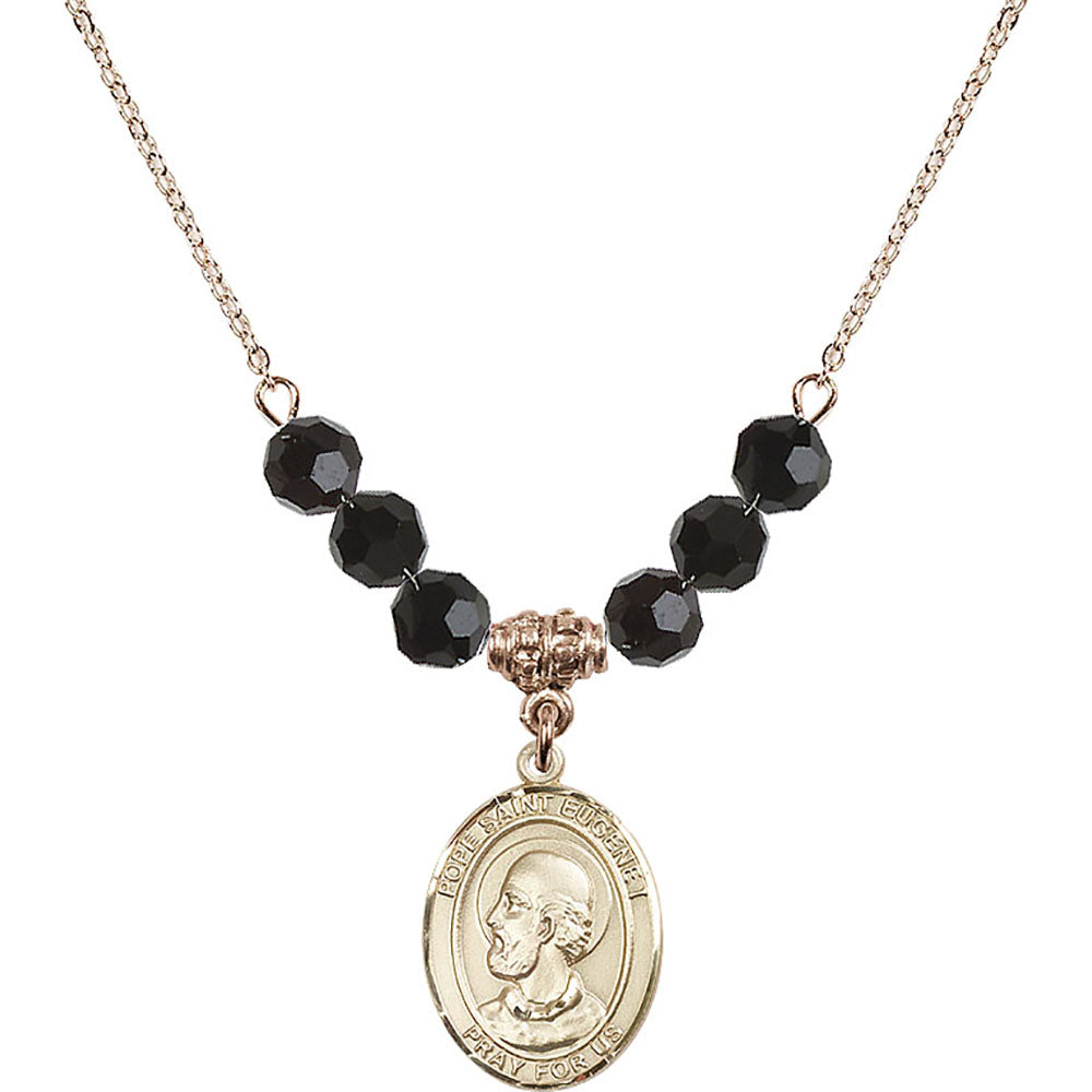 14kt Gold Filled Pope Saint Eugene I Birthstone Necklace with Jet Beads - 8352