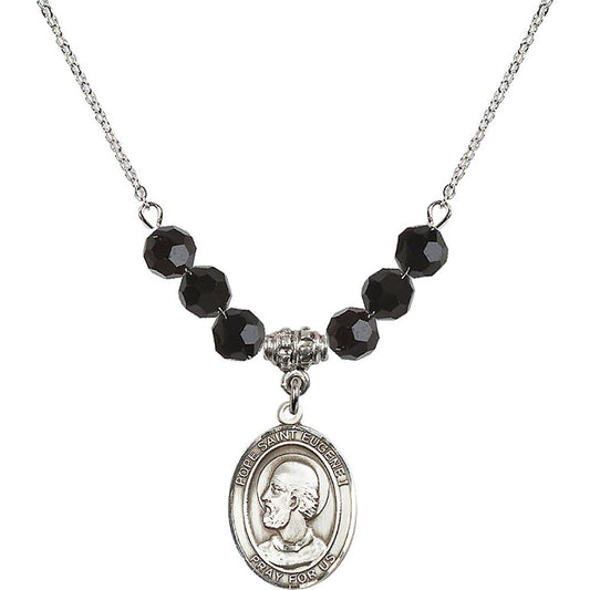 Sterling Silver Pope Saint Eugene I Birthstone Necklace with Jet Beads - 8352
