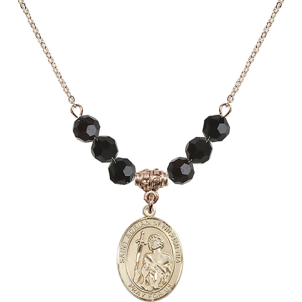 14kt Gold Filled Saint Adrian of Nicomedia Birthstone Necklace with Jet Beads - 8353