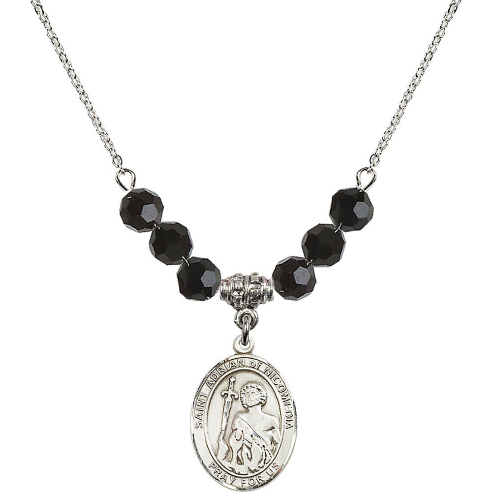 Sterling Silver Saint Adrian of Nicomedia Birthstone Necklace with Jet Beads - 8353