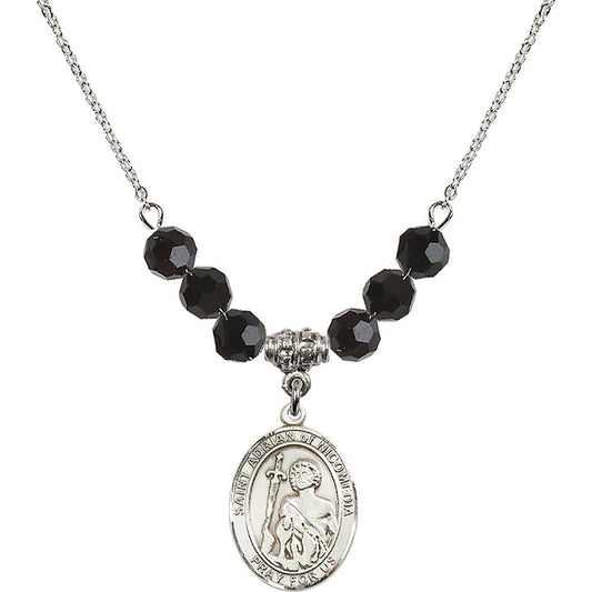 Sterling Silver Saint Adrian of Nicomedia Birthstone Necklace with Jet Beads - 8353