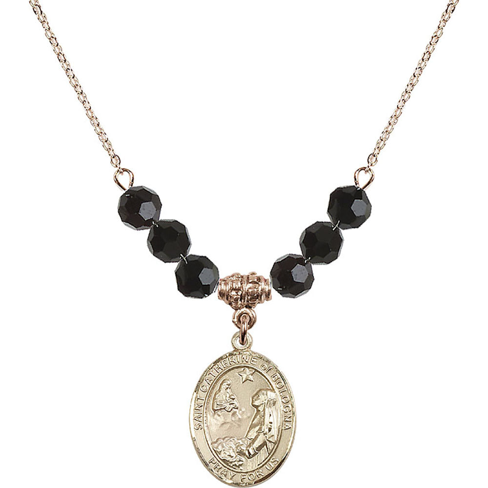 14kt Gold Filled Saint Catherine of Bologna Birthstone Necklace with Jet Beads - 8354