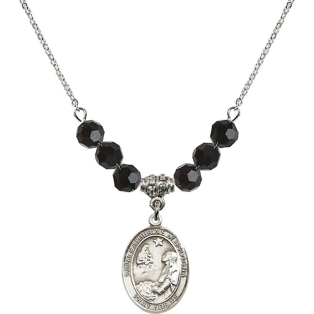 Sterling Silver Saint Catherine of Bologna Birthstone Necklace with Jet Beads - 8354