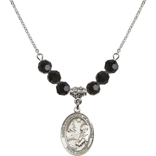 Sterling Silver Saint Catherine of Bologna Birthstone Necklace with Jet Beads - 8354