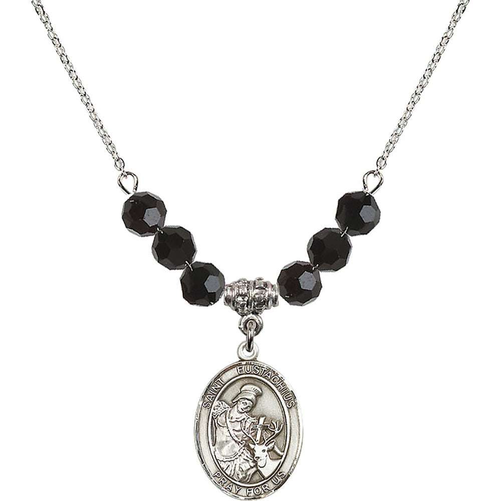 Sterling Silver Saint Eustachius Birthstone Necklace with Jet Beads - 8356