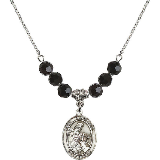 Sterling Silver Saint Eustachius Birthstone Necklace with Jet Beads - 8356