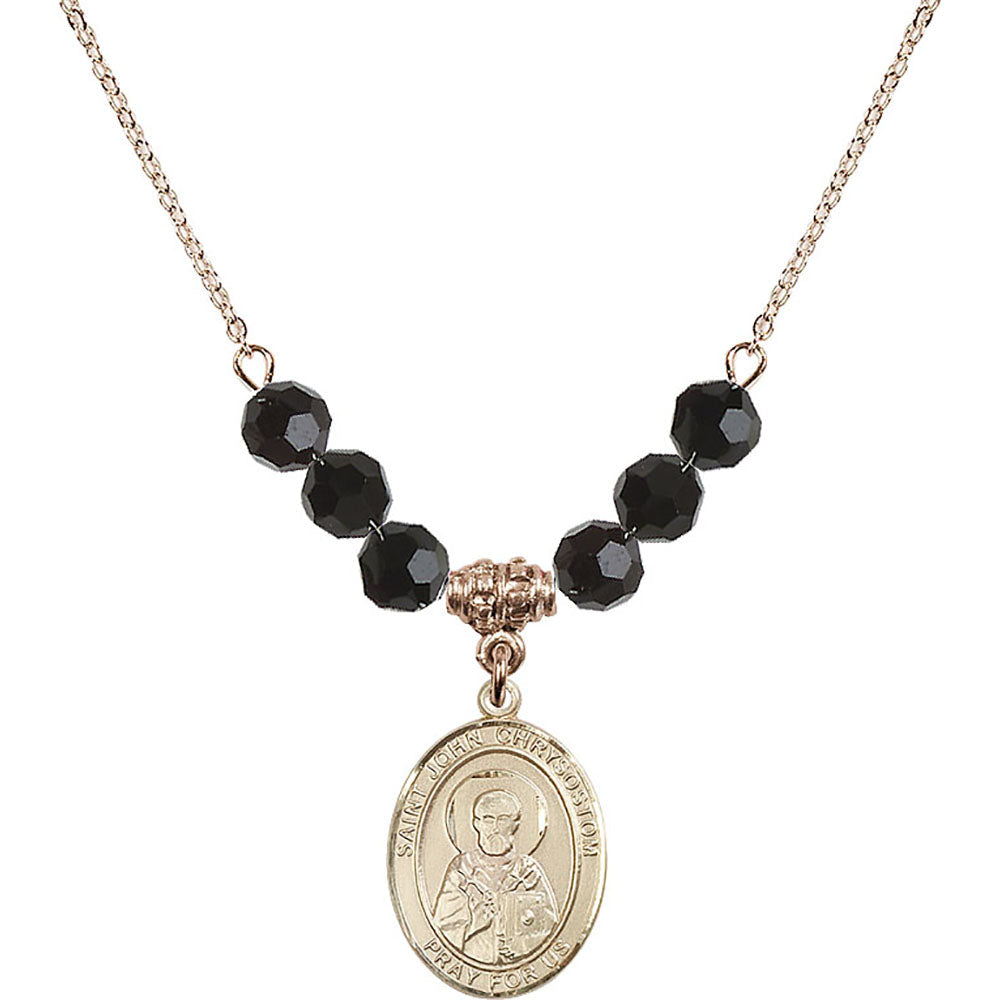 14kt Gold Filled Saint John Chrysostom Birthstone Necklace with Jet Beads - 8357