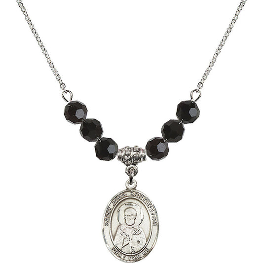 Sterling Silver Saint John Chrysostom Birthstone Necklace with Jet Beads - 8357
