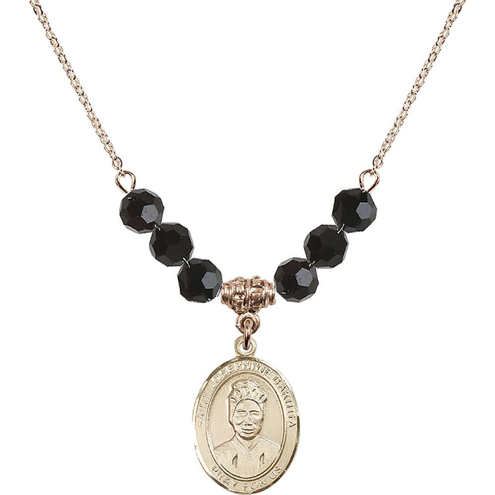 14kt Gold Filled Saint Josephine Bakhita Birthstone Necklace with Jet Beads - 8360