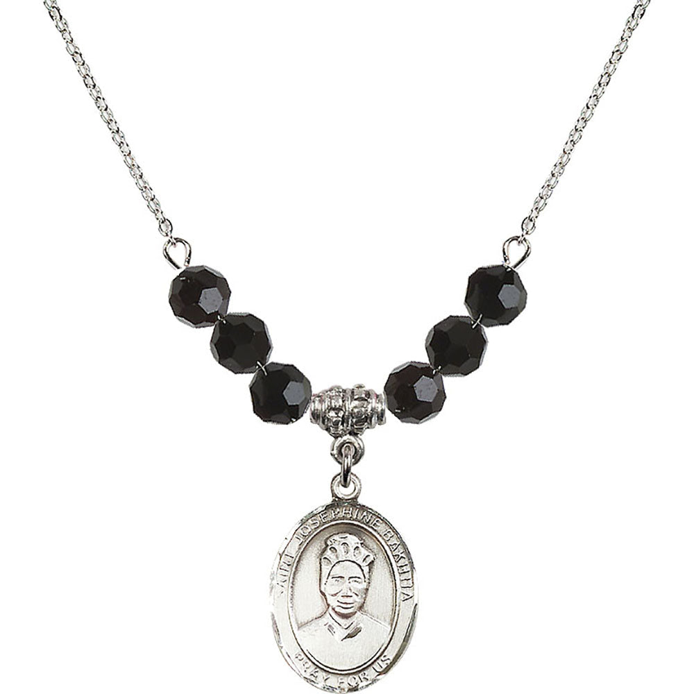 Sterling Silver Saint Josephine Bakhita Birthstone Necklace with Jet Beads - 8360