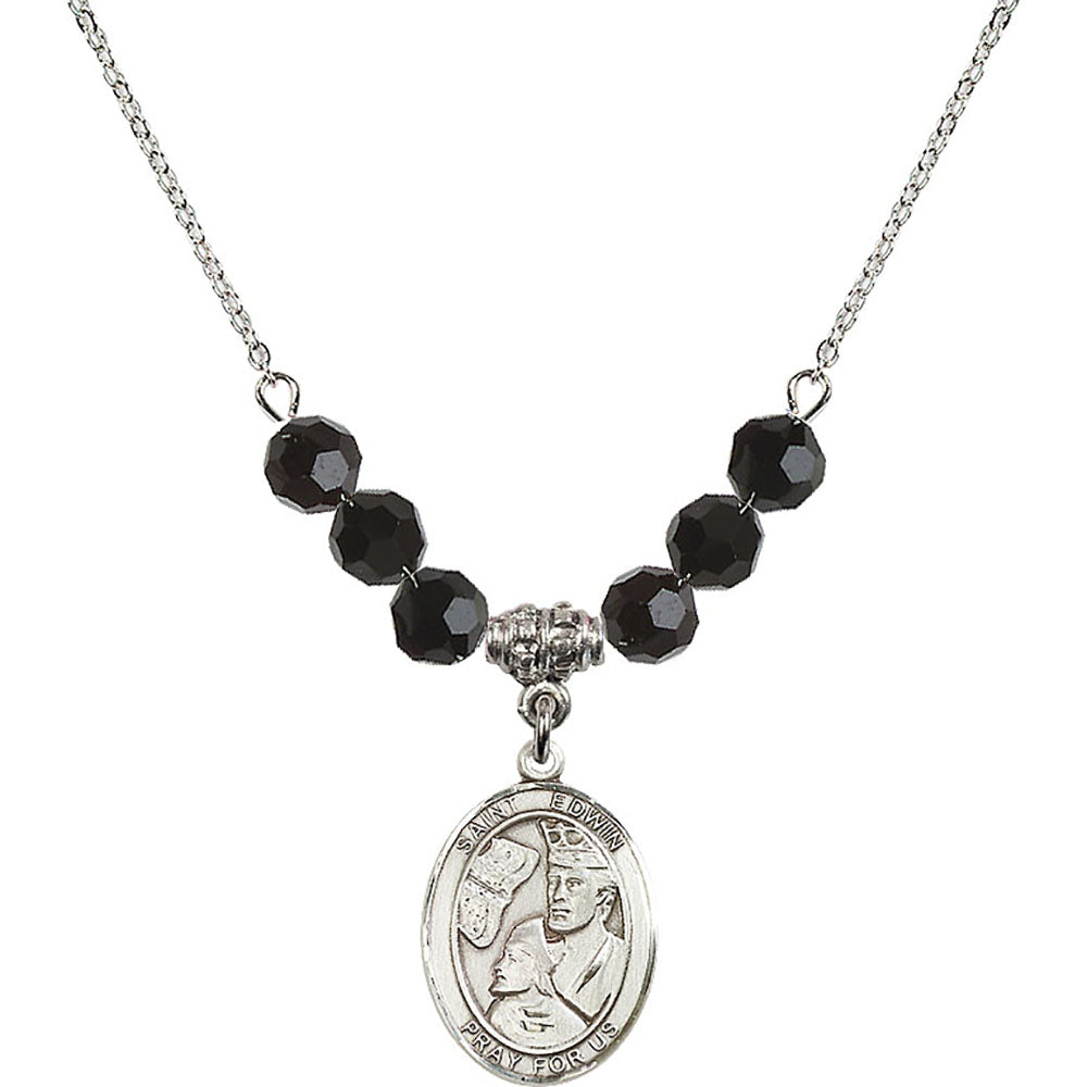 Sterling Silver Saint Edwin Birthstone Necklace with Jet Beads - 8361