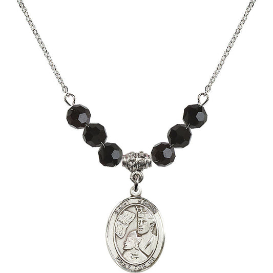 Sterling Silver Saint Edwin Birthstone Necklace with Jet Beads - 8361