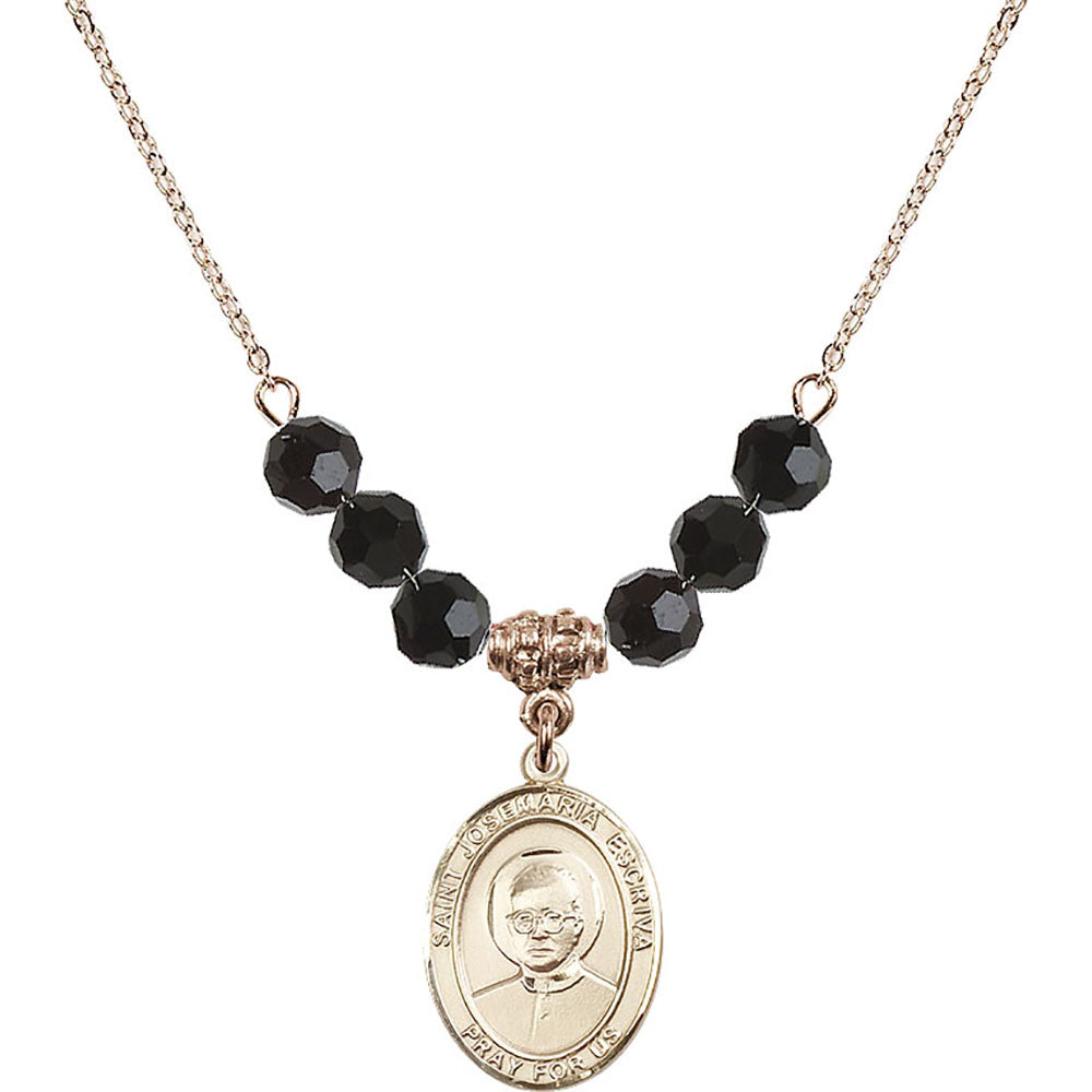 14kt Gold Filled Saint Josemaria Escriva Birthstone Necklace with Jet Beads - 8362