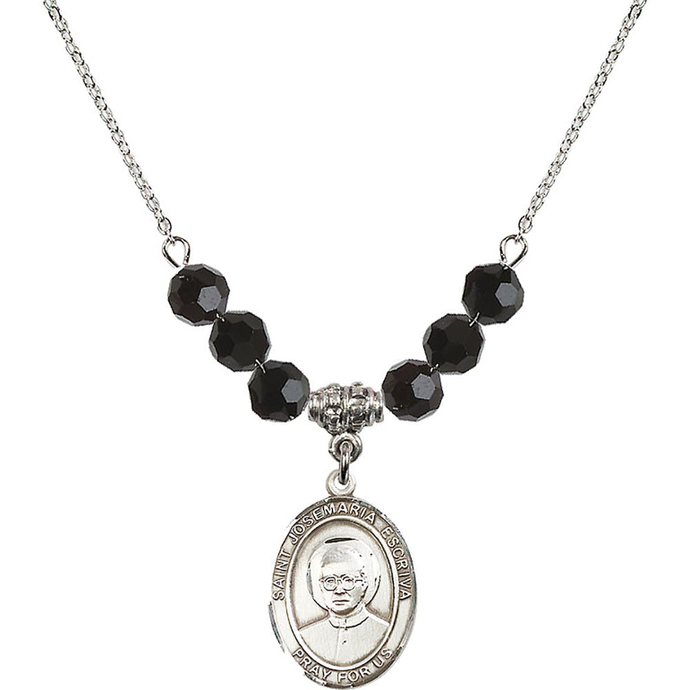 Sterling Silver Saint Josemaria Escriva Birthstone Necklace with Jet Beads - 8362