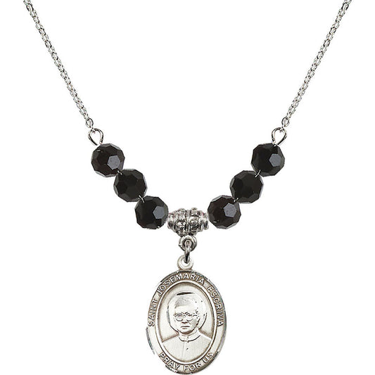Sterling Silver Saint Josemaria Escriva Birthstone Necklace with Jet Beads - 8362