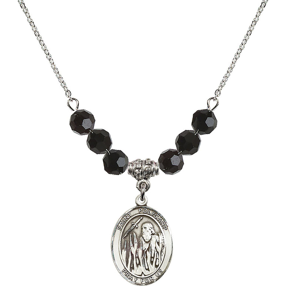 Sterling Silver Saint Polycarp of Smyrna Birthstone Necklace with Jet Beads - 8363