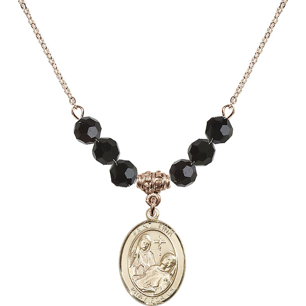 14kt Gold Filled Saint Fina Birthstone Necklace with Jet Beads - 8364