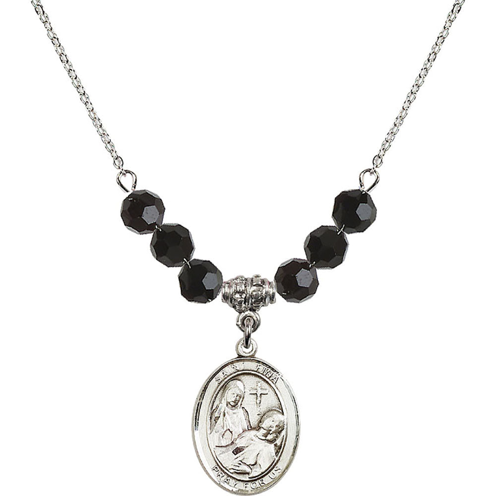 Sterling Silver Saint Fina Birthstone Necklace with Jet Beads - 8364
