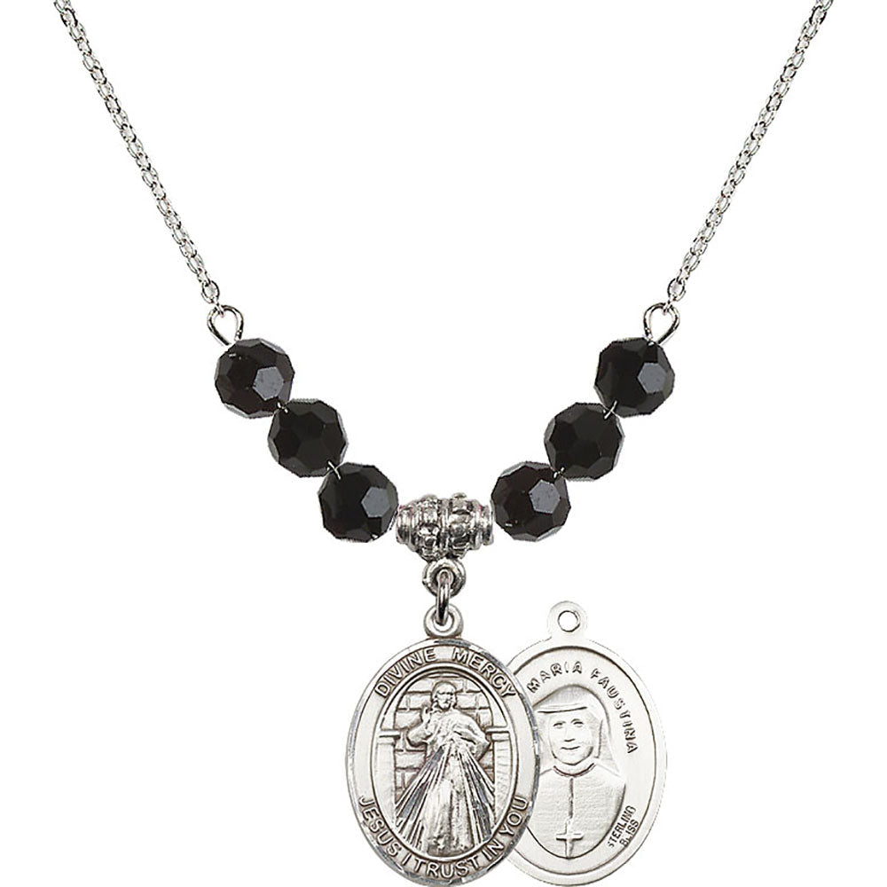 Sterling Silver Divine Mercy Birthstone Necklace with Jet Beads - 8366