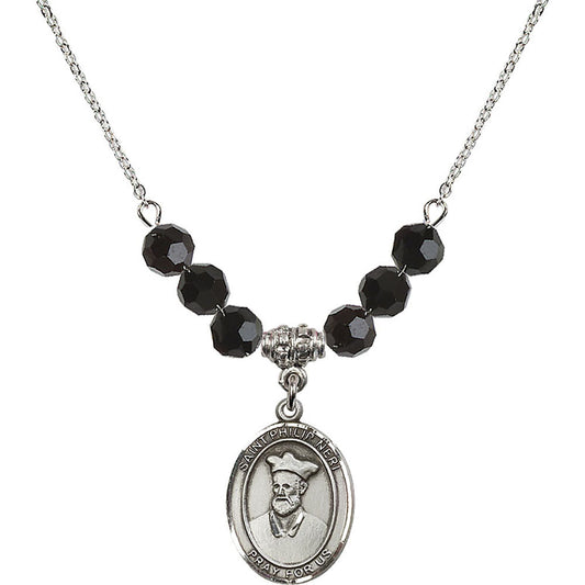 Sterling Silver Saint Philip Neri Birthstone Necklace with Jet Beads - 8369
