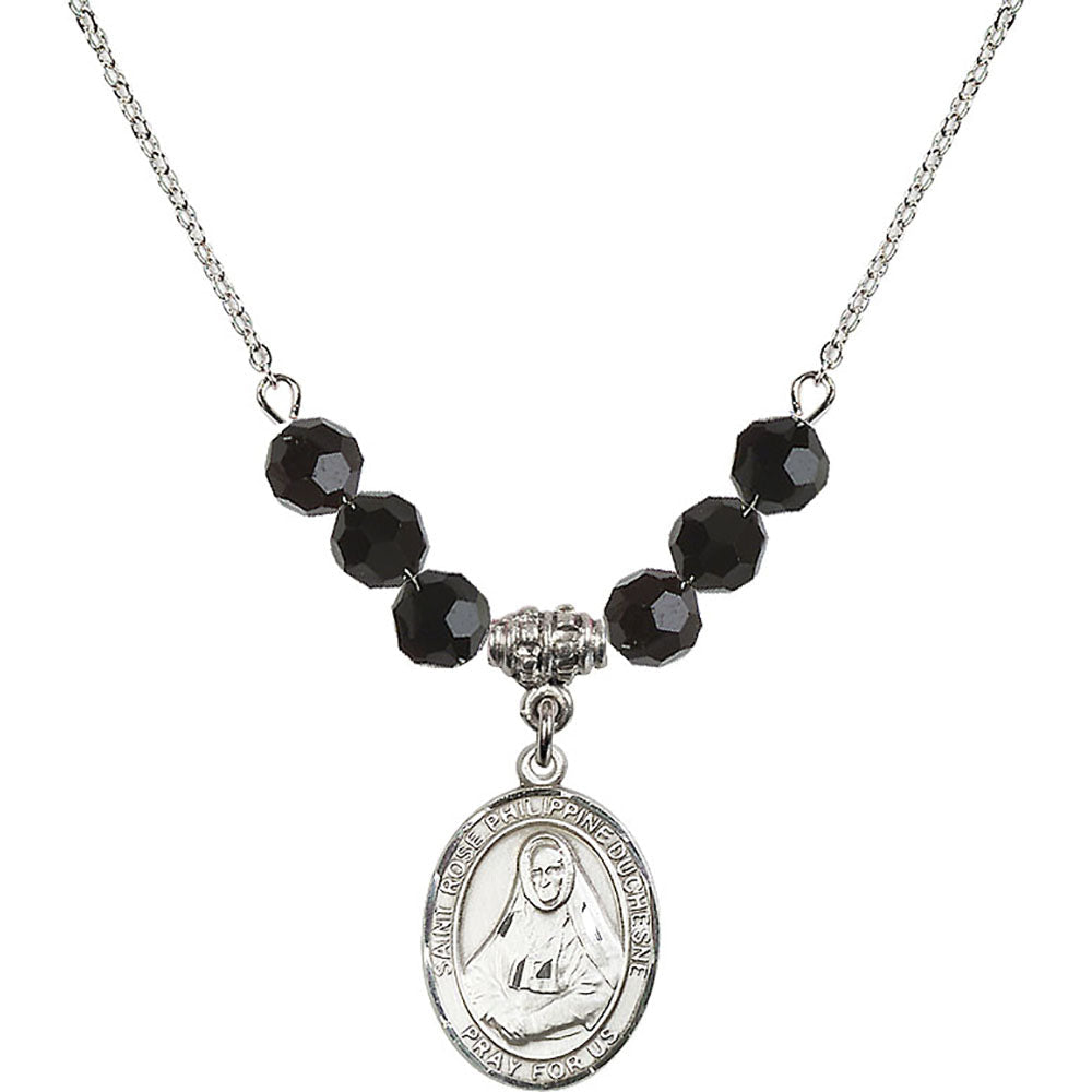 Sterling Silver Saint Rose Philippine Duchesne Birthstone Necklace with Jet Beads - 8371