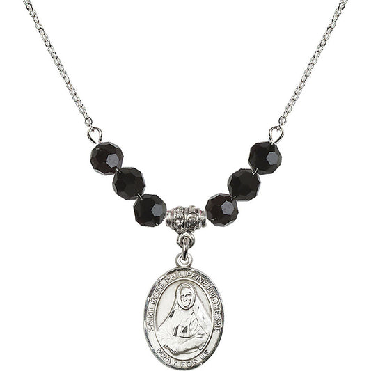 Sterling Silver Saint Rose Philippine Duchesne Birthstone Necklace with Jet Beads - 8371