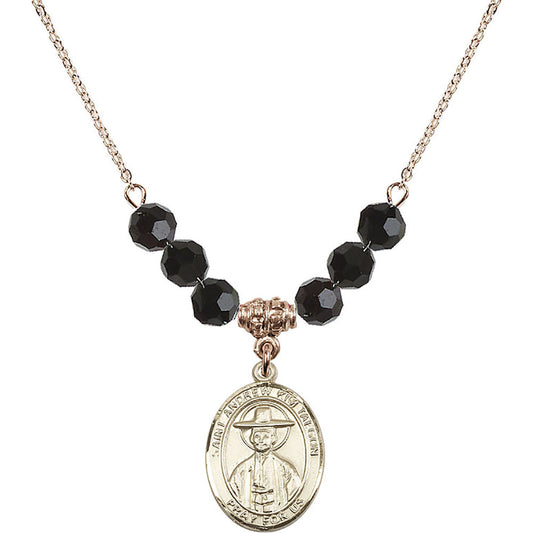 14kt Gold Filled Saint Andrew Kim Taegon Birthstone Necklace with Jet Beads - 8373