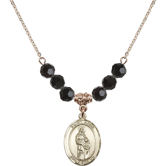 14kt Gold Filled Saint Anne Birthstone Necklace with Jet Beads - 8374