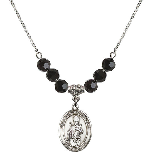 Sterling Silver Saint Simon the Apostle Birthstone Necklace with Jet Beads - 8375